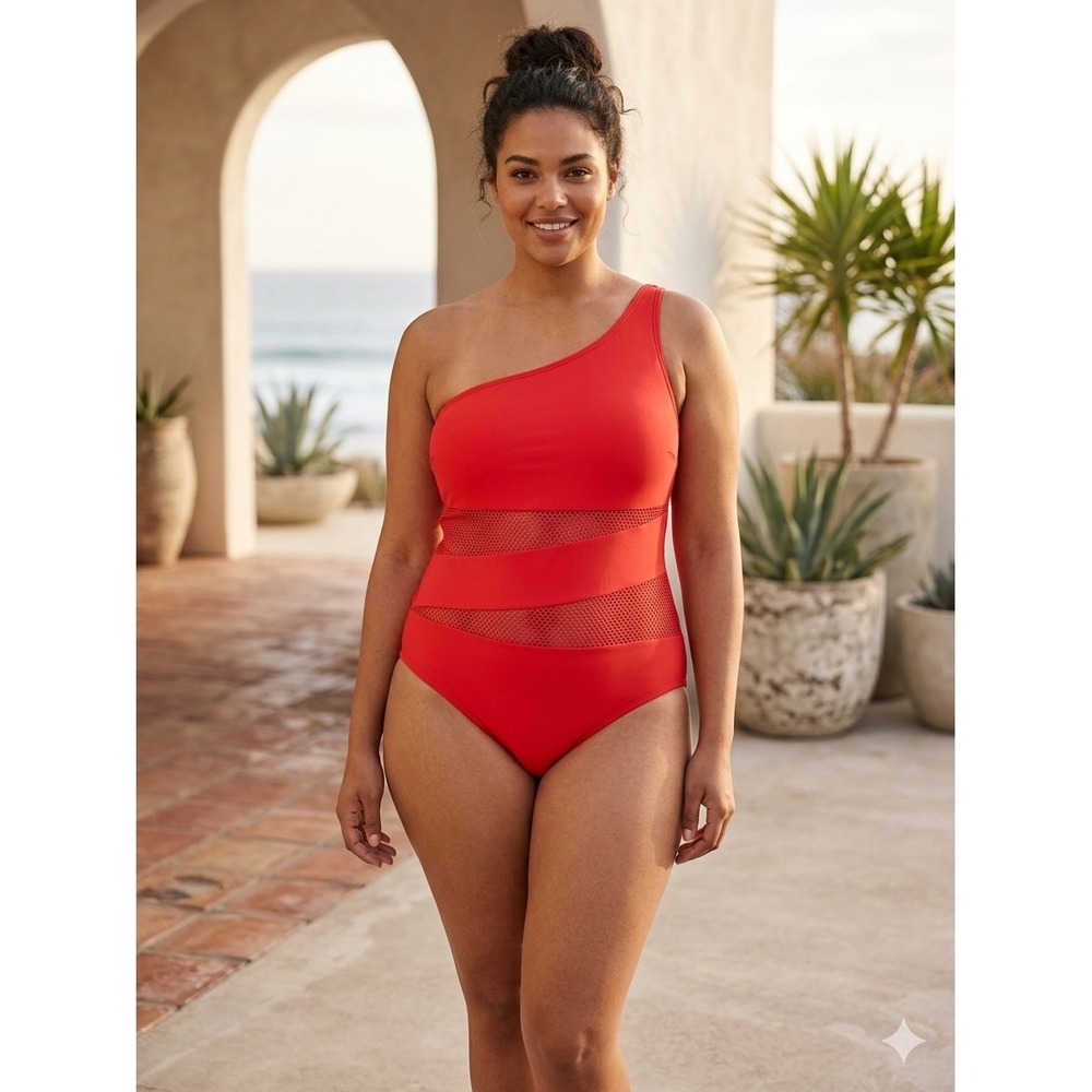 Carmen Marc Valvo Red One Shoulder Mesh Inset One Piece Luxory Swimsuit Size 14